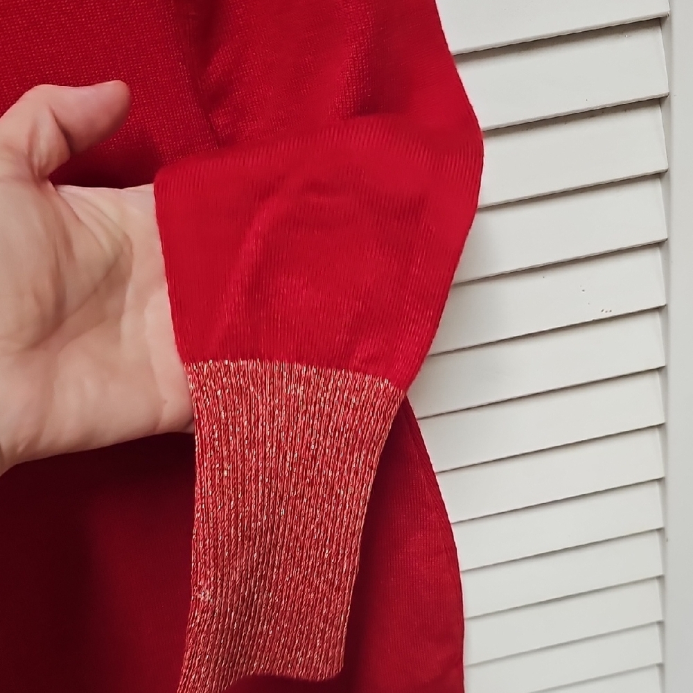 EUC Say What? Bright Red Knit Bodycon Dress Metallic Trim Faux Zipper Cowl Neck - Picture 6 of 10